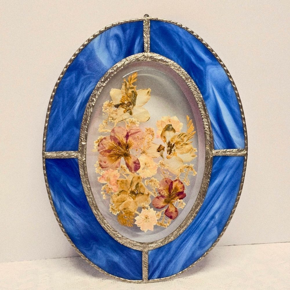 Vintage Large Cobalt Blue Stained Glass Dried Pressed Flowers Window Suncatcher